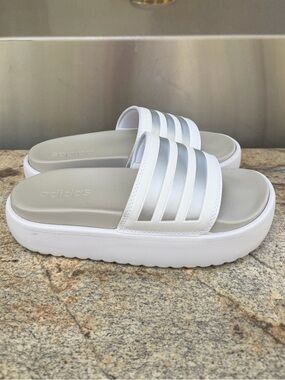 Adidas Gray & White Adilette Platform Sport Slides